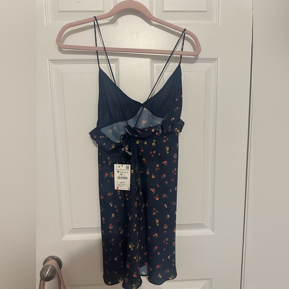 Zara navy silk floral dress - Picture 2 of 4
